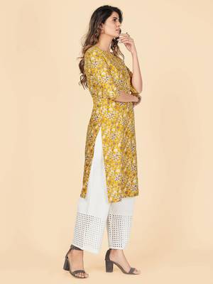 Yellow Floral Print Rayon Straight Stitched Kurta 5