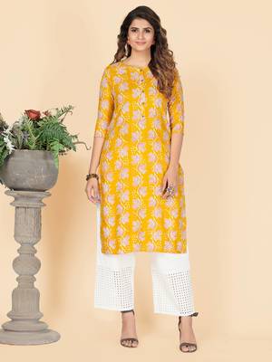 Yellow Floral Print Rayon Straight Stitched Kurta 1