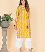 Yellow Floral Print Rayon Straight Stitched Kurta