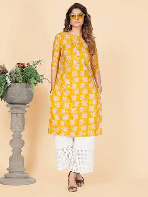 Yellow Floral Print Rayon Straight Stitched Kurta 2