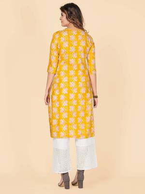 Yellow Floral Print Rayon Straight Stitched Kurta 3