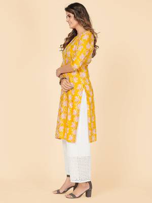 Yellow Floral Print Rayon Straight Stitched Kurta 4
