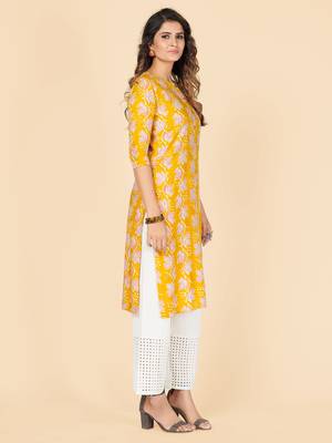 Yellow Floral Print Rayon Straight Stitched Kurta 5