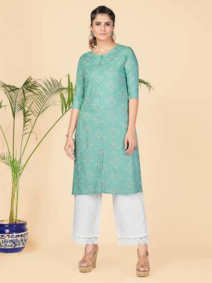 Turquoise Printed Rayon Straight Stitched Kurta 1