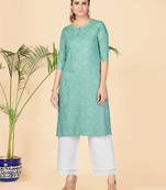 Turquoise Printed Rayon Straight Stitched Kurta