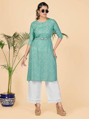 Turquoise Printed Rayon Straight Stitched Kurta 2