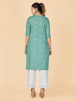 Turquoise Printed Rayon Straight Stitched Kurta 3