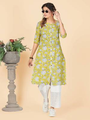 Parrot Green Printed Rayon Straight Stitched Kurta 2