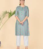 Turquoise Printed Rayon Straight Stitched Kurta