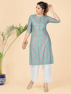 Turquoise Printed Rayon Straight Stitched Kurta 2