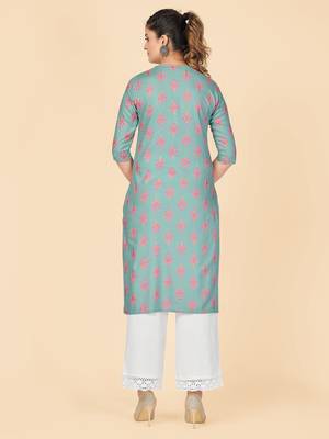 Turquoise Printed Rayon Straight Stitched Kurta 3