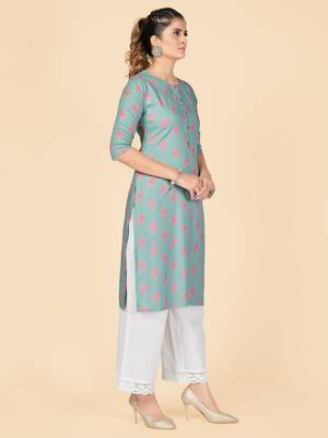 Turquoise Printed Rayon Straight Stitched Kurta 4