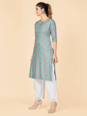 Turquoise Printed Rayon Straight Stitched Kurta 5