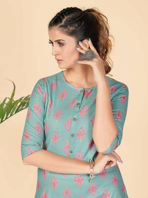 Turquoise Printed Rayon Straight Stitched Kurta 6