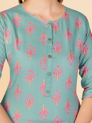 Turquoise Printed Rayon Straight Stitched Kurta 7