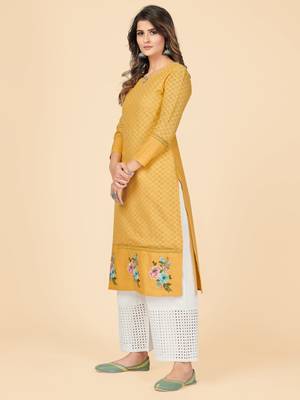 Yellow Chikankari Cotton Straight Stitched Kurta 5