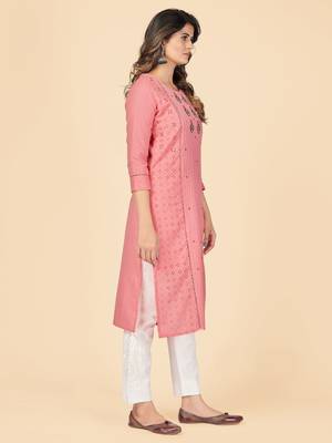 Peach Chikankari Cotton Straight Stitched Kurta 5