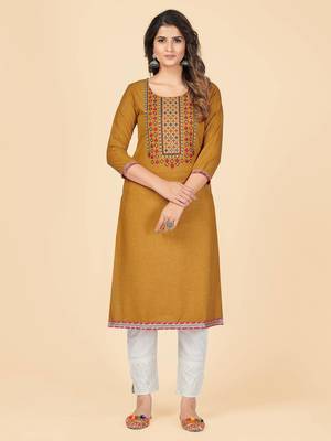 Mustard Embroidered Cotton Straight Stitched Kurta 1