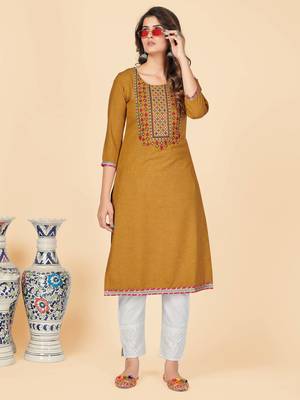 Mustard Embroidered Cotton Straight Stitched Kurta 2