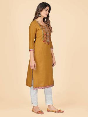Mustard Embroidered Cotton Straight Stitched Kurta 4
