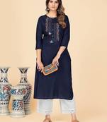 Blue Embroidered Rayon Straight Stitched Kurta