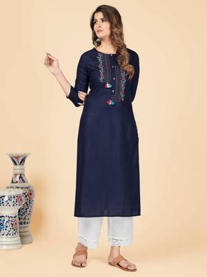 Blue Embroidered Rayon Straight Stitched Kurta 2