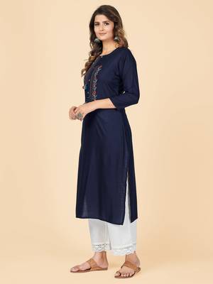 Blue Embroidered Rayon Straight Stitched Kurta 4