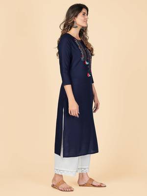 Blue Embroidered Rayon Straight Stitched Kurta 5