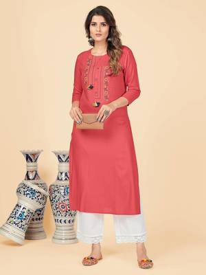 Dark Peach Embroidered Rayon Straight Stitched Kurta 1