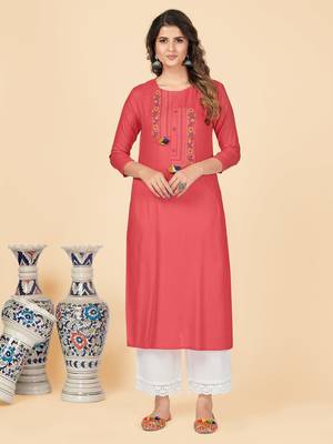 Dark Peach Embroidered Rayon Straight Stitched Kurta 2