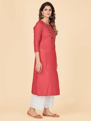 Dark Peach Embroidered Rayon Straight Stitched Kurta 4