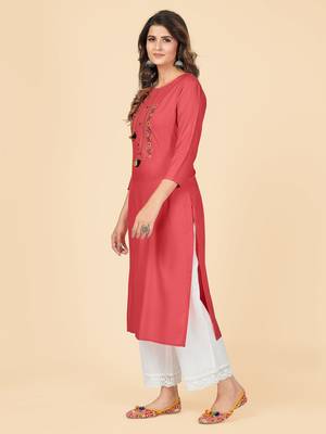 Dark Peach Embroidered Rayon Straight Stitched Kurta 5