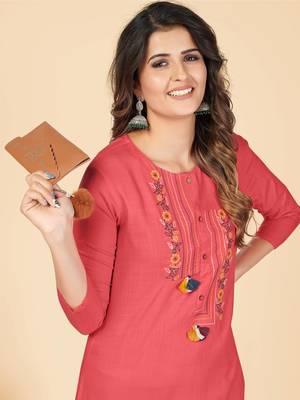 Dark Peach Embroidered Rayon Straight Stitched Kurta 6