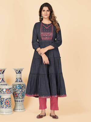 Grey Embroidered Rayon Anarkali Stitched Kurta 1