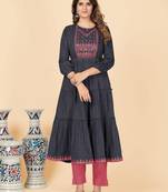 Grey Embroidered Rayon Anarkali Stitched Kurta