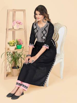 Black Embroidered Rayon A-Line With Side Slit Stitched Kurta With Pant 1
