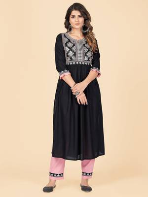 Black Embroidered Rayon A-Line With Side Slit Stitched Kurta With Pant 2