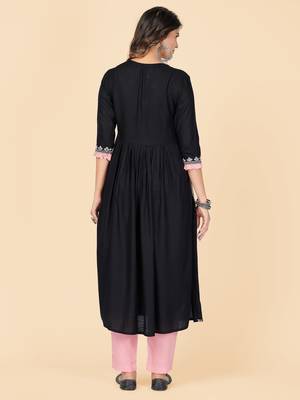 Black Embroidered Rayon A-Line With Side Slit Stitched Kurta With Pant 3