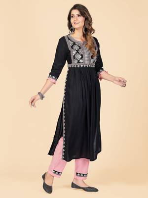 Black Embroidered Rayon A-Line With Side Slit Stitched Kurta With Pant 4