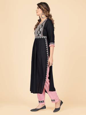 Black Embroidered Rayon A-Line With Side Slit Stitched Kurta With Pant 5