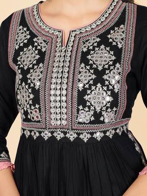Black Embroidered Rayon A-Line With Side Slit Stitched Kurta With Pant 6