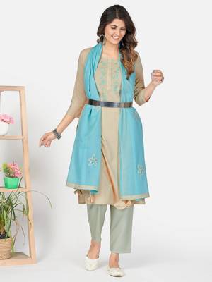 Cream Hand Work Rayon Straight Stitched Kurta 2