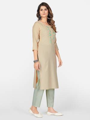 Cream Hand Work Rayon Straight Stitched Kurta 5