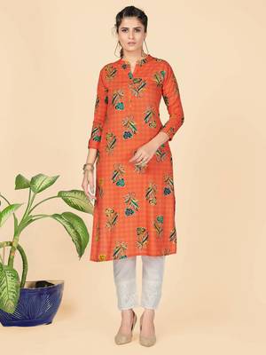 Orange Printed Rayon Straight Stitched Kurta 1