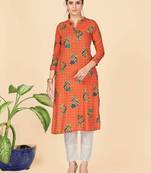 Orange Printed Rayon Straight Stitched Kurta