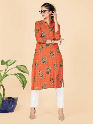 Orange Printed Rayon Straight Stitched Kurta 2