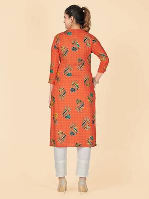 Orange Printed Rayon Straight Stitched Kurta 3
