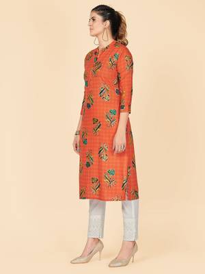 Orange Printed Rayon Straight Stitched Kurta 4