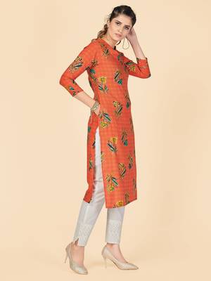 Orange Printed Rayon Straight Stitched Kurta 5