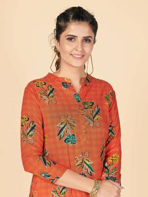 Orange Printed Rayon Straight Stitched Kurta 6